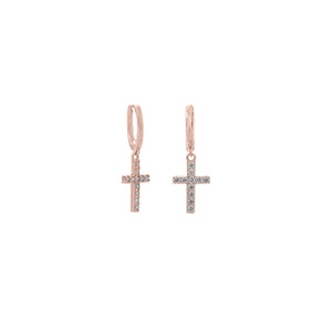 14 Karat Rose Gold Plated Huggie Hoop Earrings with CZ Cross