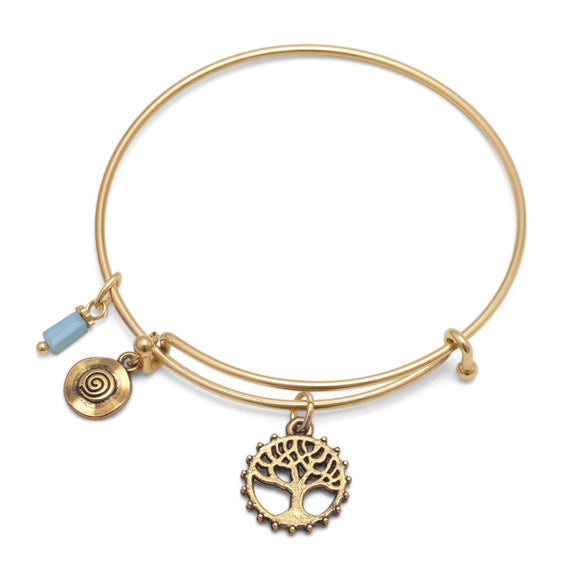 Expandable Gold Tone Tree Charm Fashion Bangle Bracelet